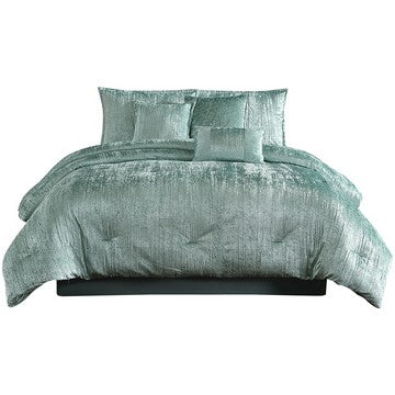 benzara Jay 7 Piece Queen Comforter Set Green Polyester Velvet Deluxe Texture - BM283893