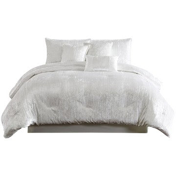 benzara Jay 7 Piece Queen Comforter Set White Polyester Velvet Deluxe Texture - BM283890