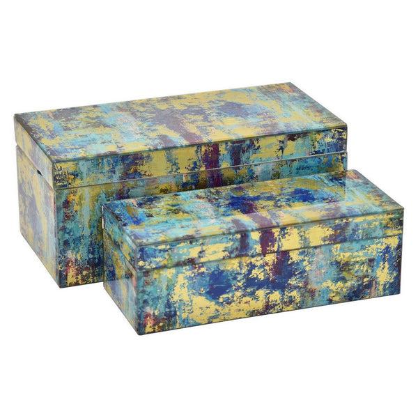 Benzara Jenny Decorative Box Set Of 2 Abstract Marbled Emerald Green Glass -BM330162