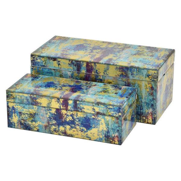 Benzara Jenny Decorative Box Set Of 2 Abstract Marbled Emerald Green Glass -BM330162