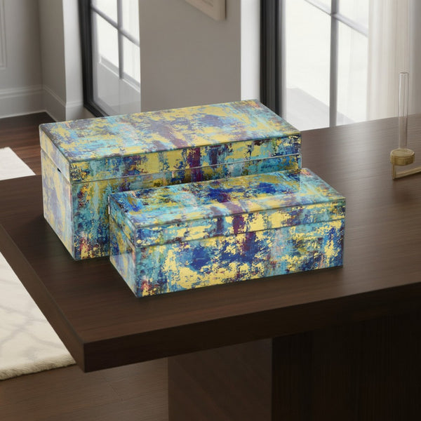 benzara Jenny Decorative Box Set of 2 Abstract Marbled Emerald Green Glass -BM330162