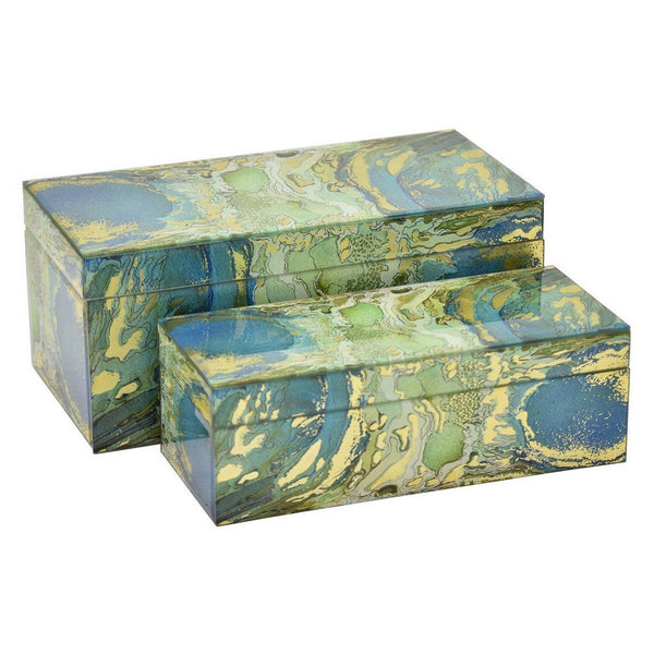Benzara Jenny Decorative Box Set Of 2 Abstract Marbled Yellow Green Glass -BM330164