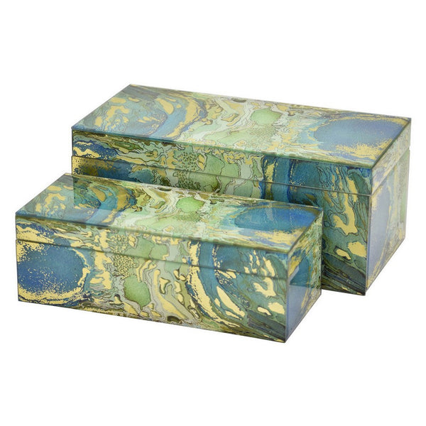 Benzara Jenny Decorative Box Set Of 2 Abstract Marbled Yellow Green Glass -BM330164
