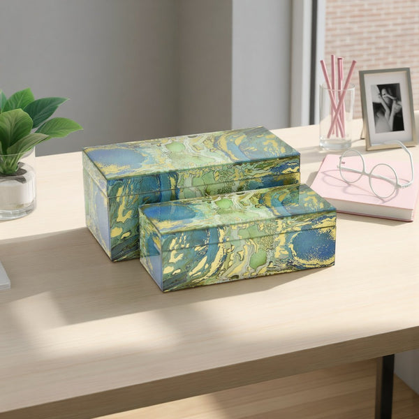 benzara Jenny Decorative Box Set of 2 Abstract Marbled Yellow Green Glass -BM330164