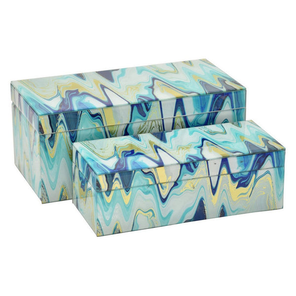 Benzara Jenny Small Decorative Box Set Of 2 Abstract Marbled Teal Blue Glass -BM330163