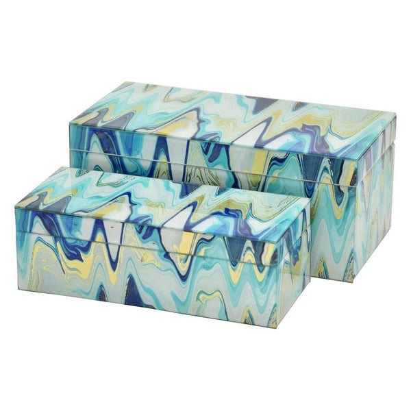 Benzara Jenny Small Decorative Box Set Of 2 Abstract Marbled Teal Blue Glass -BM330163