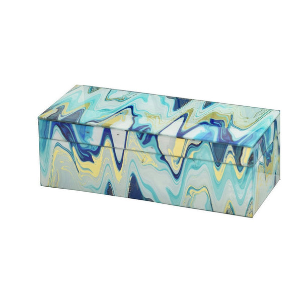 Benzara Jenny Small Decorative Box Set Of 2 Abstract Marbled Teal Blue Glass -BM330163