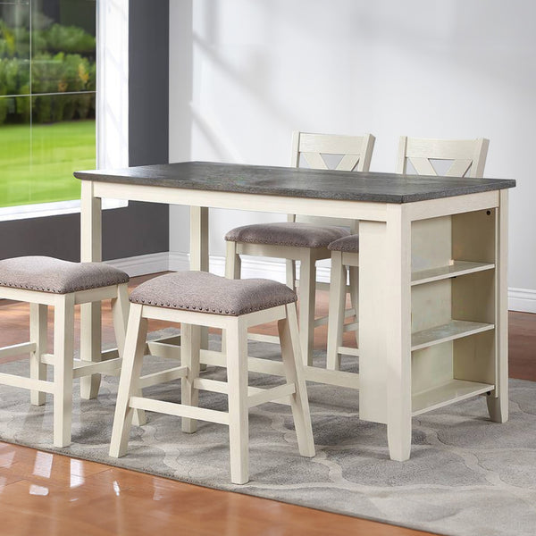 benzara Joss 60 Inch Cottage Counter Height Table 2 Tone Wood Gray Top Cream Base - BM286286