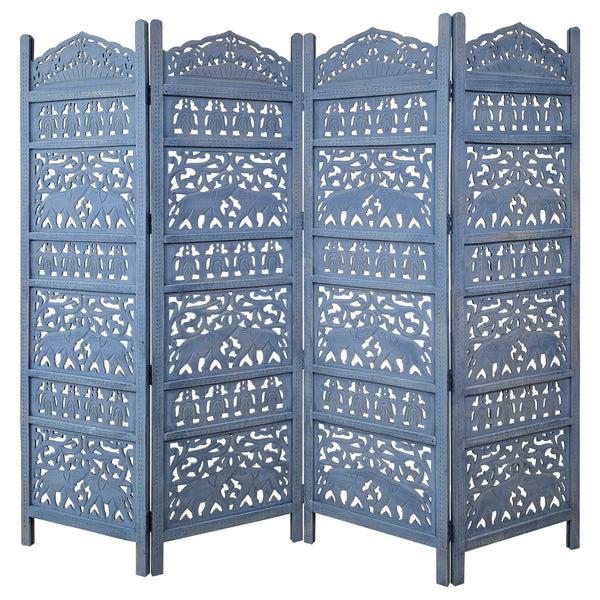 Benzara Jumbo 4 Panel Folding Room Divider Screen Antique Blue Mango Wood Elephant Motif Carved Design - UPT-310990