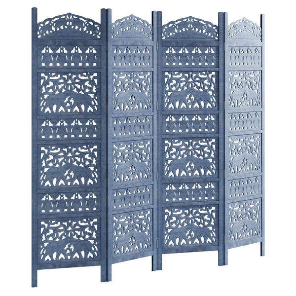 Benzara Jumbo 4 Panel Folding Room Divider Screen Antique Blue Mango Wood Elephant Motif Carved Design - UPT-310990