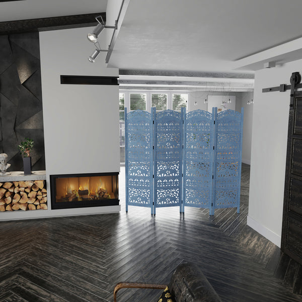 Benzara Jumbo 4 Panel Folding Room Divider Screen Antique Blue Mango Wood Elephant Motif Carved Design - UPT-310990