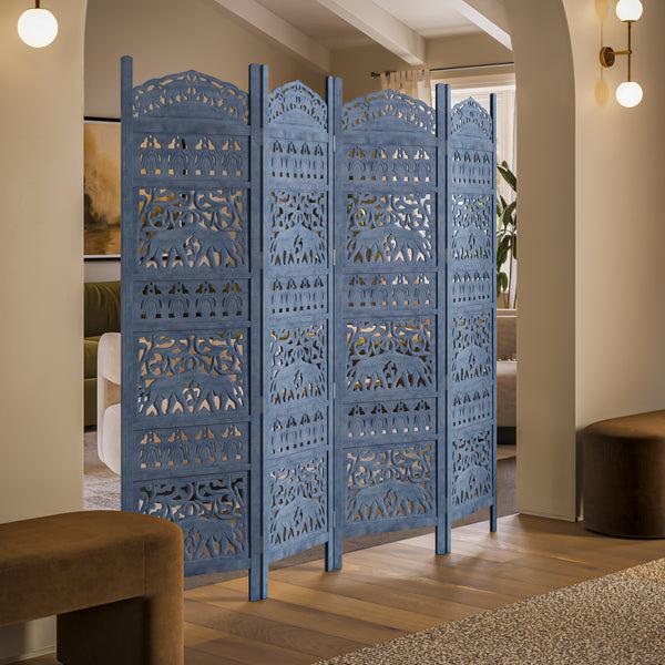 benzara Jumbo 4 Panel Folding Room Divider Screen Antique Blue Mango Wood Elephant Motif Carved Design - UPT-310990