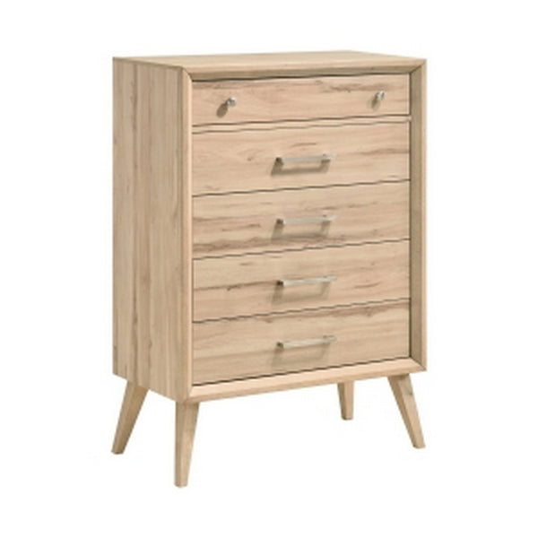 Benzara Kali 49 Inch Tall Dresser Chest 5 Drawers Nickel Handles Oak Brown Wood - BM314568