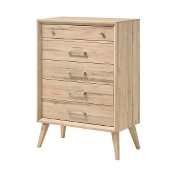 Benzara Kali 49 Inch Tall Dresser Chest 5 Drawers Nickel Handles Oak Brown Wood - BM314568