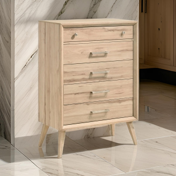 benzara Kali 49 Inch Tall Dresser Chest 5 Drawers Nickel Handles Oak Brown Wood - BM314568