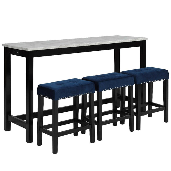 benzara Kate 60 Inch 4 Piece Bar Table Set with Upholstered Stools Blue - BM272114