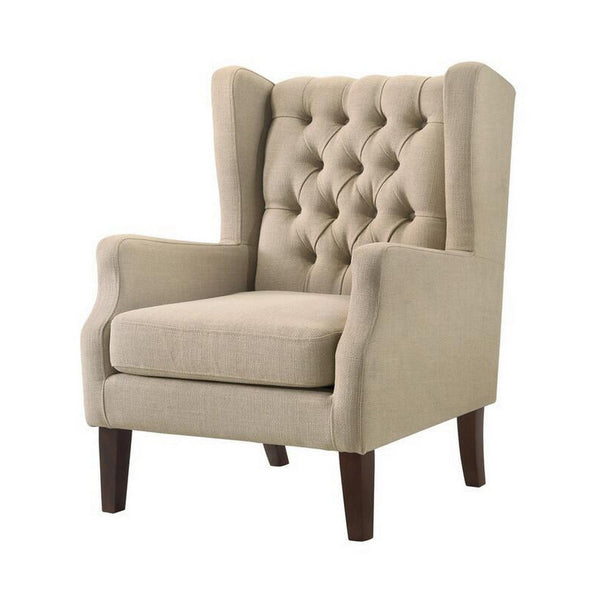 benzara Keva 31 Inch Accent Chair Deep Button Tufted Wingback Soft Beige Fabric - BM286659