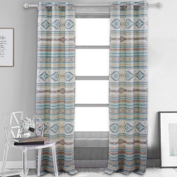 benzara Kiev 84 Inch Window Curtains Microfiber Blue Southwest Design Grommets - BM293473