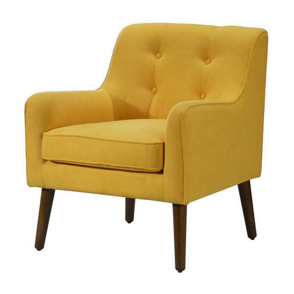 Benzara Kina 28 Inch Accent Chair Yellow Fabric Button Tufted Angled Wood Legs - BM286641