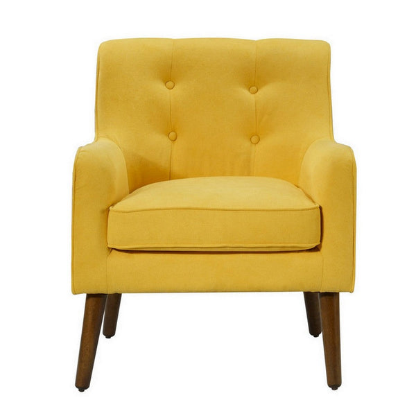 Benzara Kina 28 Inch Accent Chair Yellow Fabric Button Tufted Angled Wood Legs - BM286641