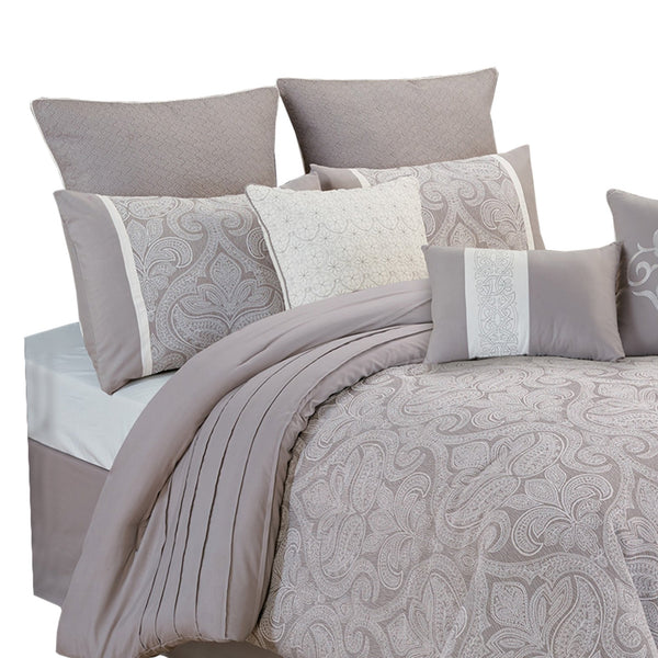 Benzara King Size 10 Piece Fabric Comforter Set With Medallion Prints White - BM225209