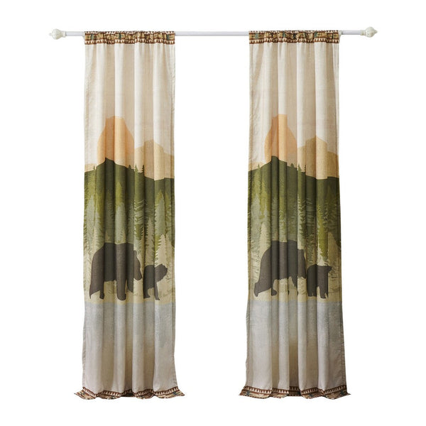 Benzara Kip 2 Panels Curtain Set Microfiber Green And Beige Mountain Scenery -BM332741