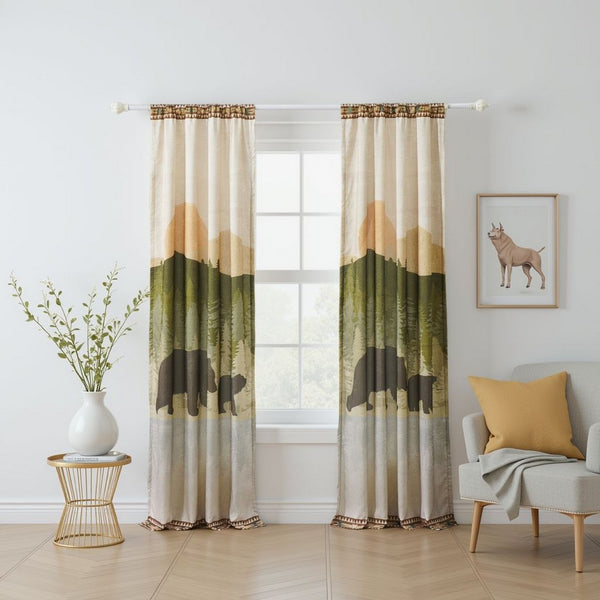 benzara Kip 2 Panels Curtain Set Microfiber Green and Beige Mountain Scenery -BM332741