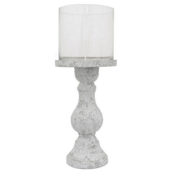Benzara Kris Candle Holder Hurricane Glass Top White Gray Ceramic 15 Inch -BM330149