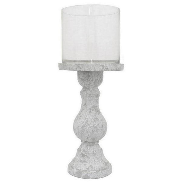 Benzara Kris Candle Holder Hurricane Glass Top White Gray Ceramic 15 Inch -BM330149