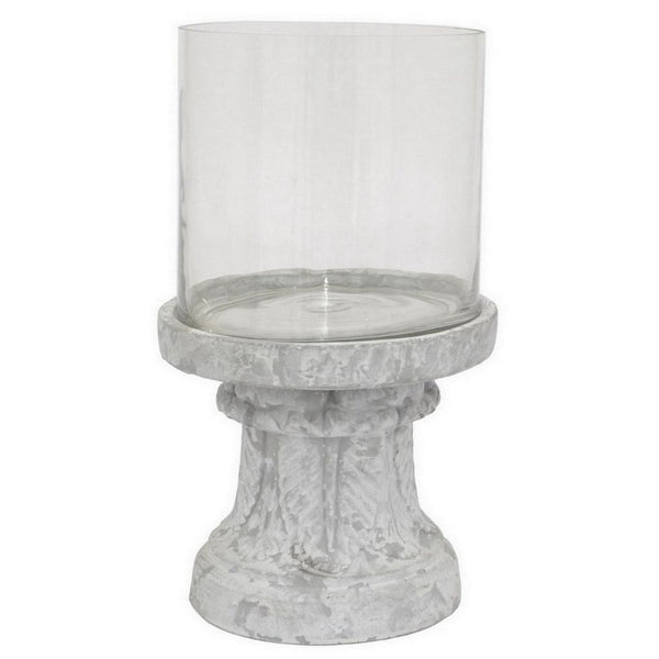 Benzara Kris Candle Holder Hurricane Glass Top White Gray Ceramic 14 Inch -BM330148