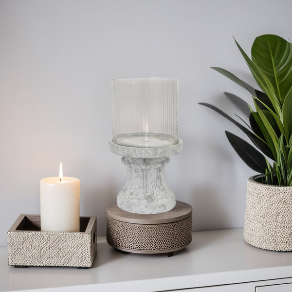 benzara Kris Candle Holder Hurricane Glass Top White Gray Ceramic 14 Inch -BM330148