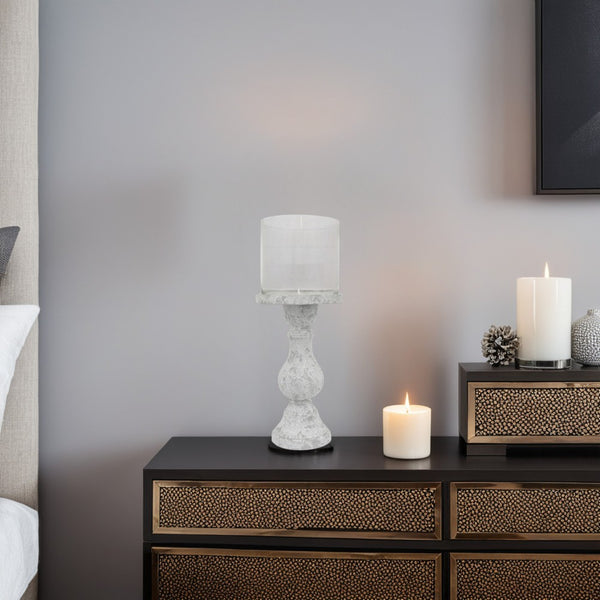 benzara Kris Candle Holder Hurricane Glass Top White Gray Ceramic 15 Inch -BM330149