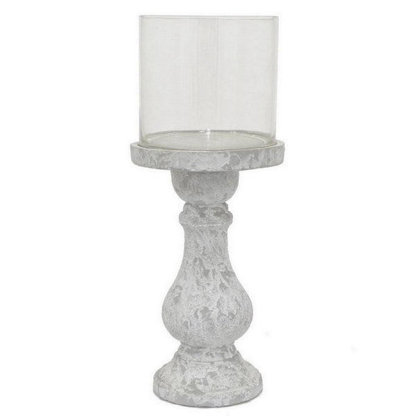 Benzara Kris Candle Holder With Hurricane Glass Top White Gray Ceramic 7 Inch -BM330147