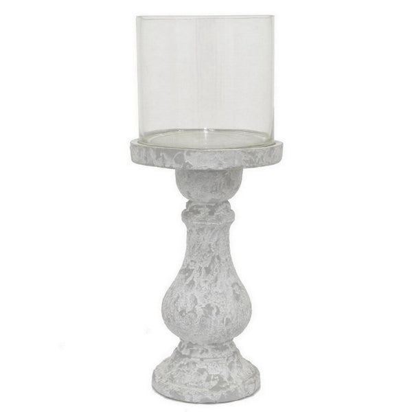 Benzara Kris Candle Holder With Hurricane Glass Top White Gray Ceramic 7 Inch -BM330147