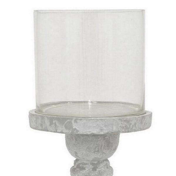 Benzara Kris Candle Holder With Hurricane Glass Top White Gray Ceramic 7 Inch -BM330147
