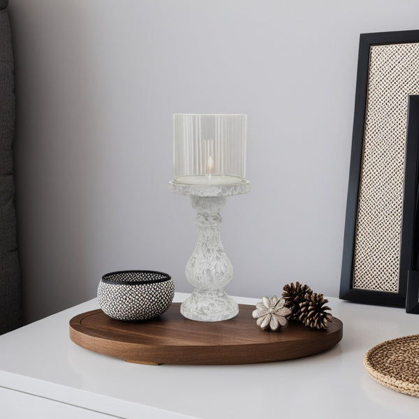 benzara Kris Candle Holder with Hurricane Glass Top White Gray Ceramic 7 Inch -BM330147