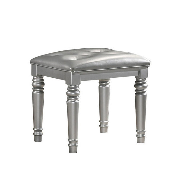Benzara Kya 20 Inch Vanity Stool With Tufted Vegan Faux Leather Seat Glam Silver - BM287974