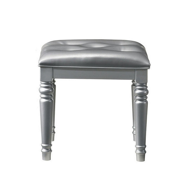 Benzara Kya 20 Inch Vanity Stool With Tufted Vegan Faux Leather Seat Glam Silver - BM287974