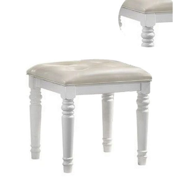 Benzara Kya 20 Inch Vanity Stool With Tufted Vegan Faux Leather Seat Glam Ivory - BM287979