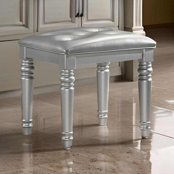 benzara Kya 20 Inch Vanity Stool with Tufted Vegan Faux Leather Seat Glam Silver - BM287974