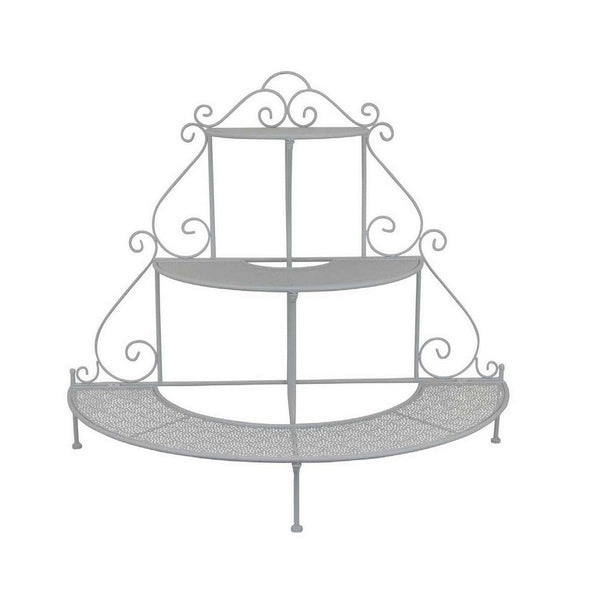 Benzara Lara Plant Stand With 3 Tier Half Round Shelves White Metal 40 Inch -BM330119