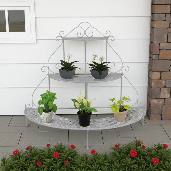 benzara Lara Plant Stand with 3 Tier Half Round Shelves White Metal 40 Inch -BM330119