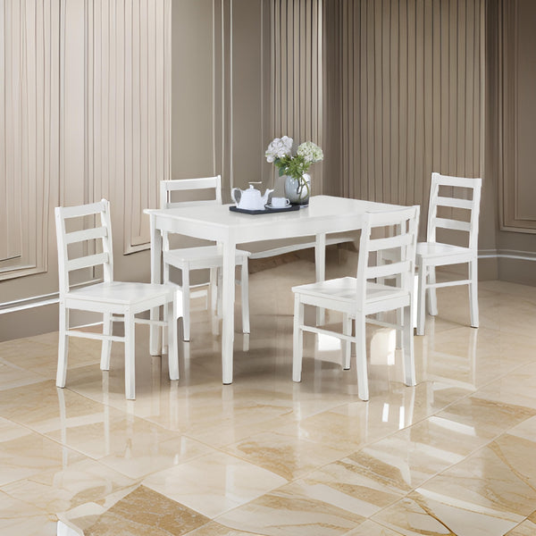 benzara Lav 5 Piece Dining Table and 4 Chair Set Open Backs White Solid Wood - BM314899