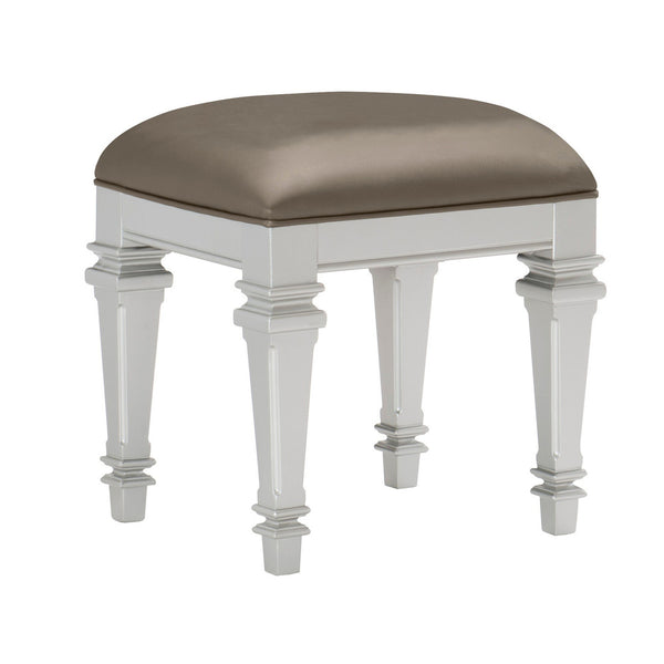 Benzara Leatherette Padded Vanity Stool With Tapered Legs And Molded Detail Silver - BM222649