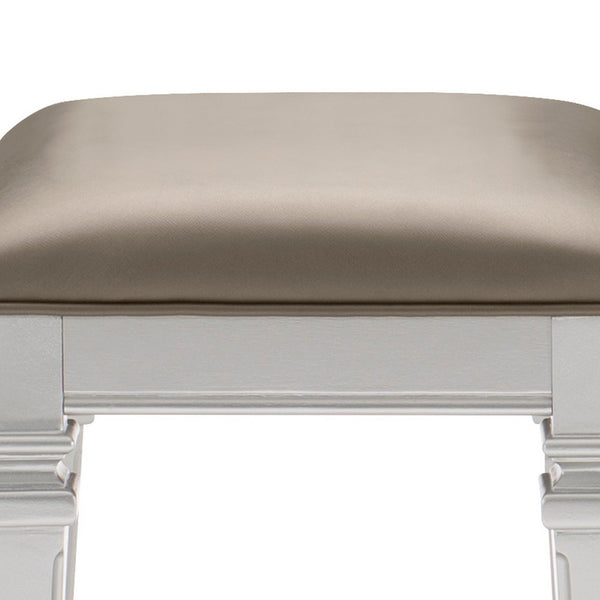 Benzara Leatherette Padded Vanity Stool With Tapered Legs And Molded Detail Silver - BM222649