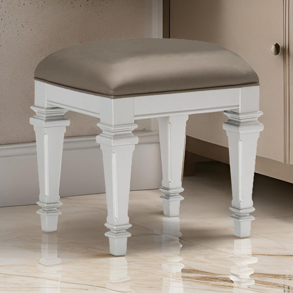 benzara Leatherette Padded Vanity Stool with Tapered Legs and Molded Detail Silver - BM222649