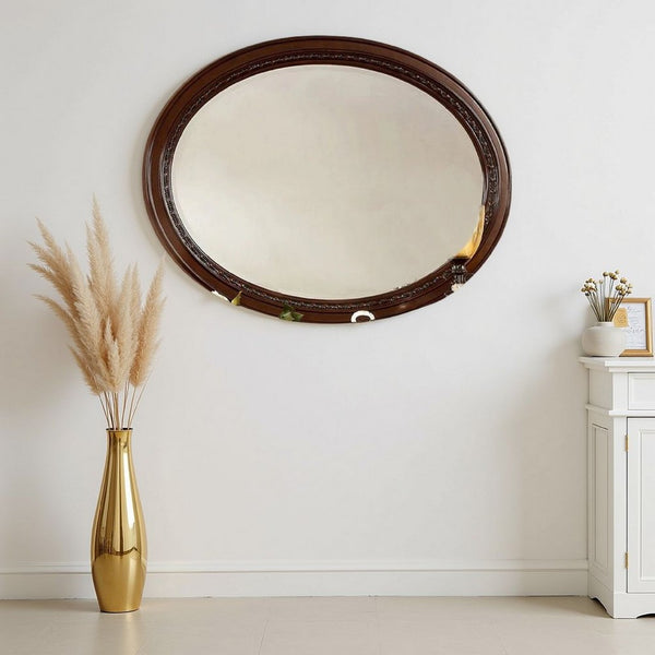 benzara Lego Wall Mounting Mirror 49 Inch Cherry Brown Solid Wood Oval Frame -BM332562