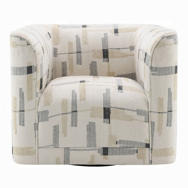 Benzara Lenu Swivel Accent Sofa Chair Beige Pattern Fabric Boxy Padded Seat -BM333916