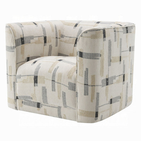 Benzara Lenu Swivel Accent Sofa Chair Beige Pattern Fabric Boxy Padded Seat -BM333916