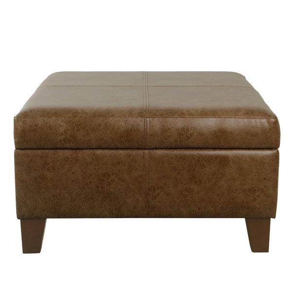 Benzara Leo Square Storage Ottoman Distressed Brown Faux Leather 28 Inch -BM334225
